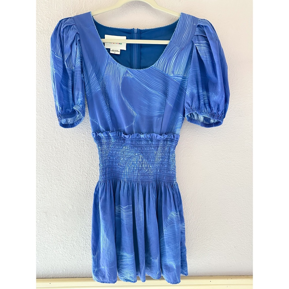 De Loreta Blue‎ Print Cotton Mini Dress Puff Sleeve Smocked Waist Size M
